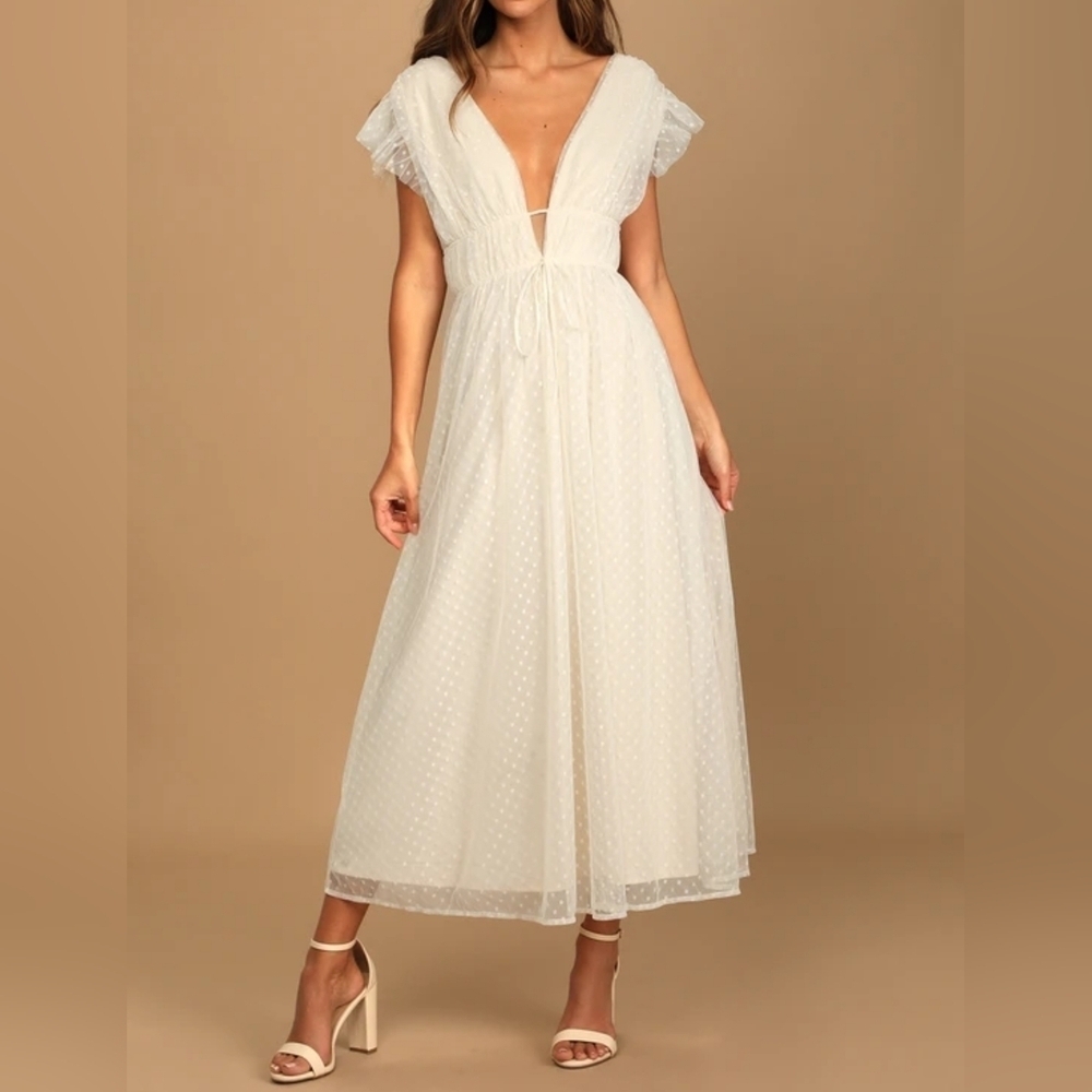 White V-Neck Dot Mesh Midi Dress
